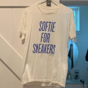 White Short Sleeve Tee with Blue 'Softie for Sneakers' Graphic
